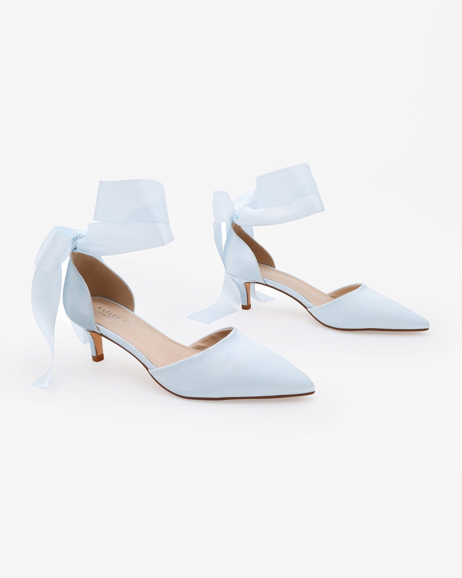 Farah Satin Pointy Toe Kitten Low Heel with Wrapped Satin Ribbon Tie, Alternate, color, Light Blue