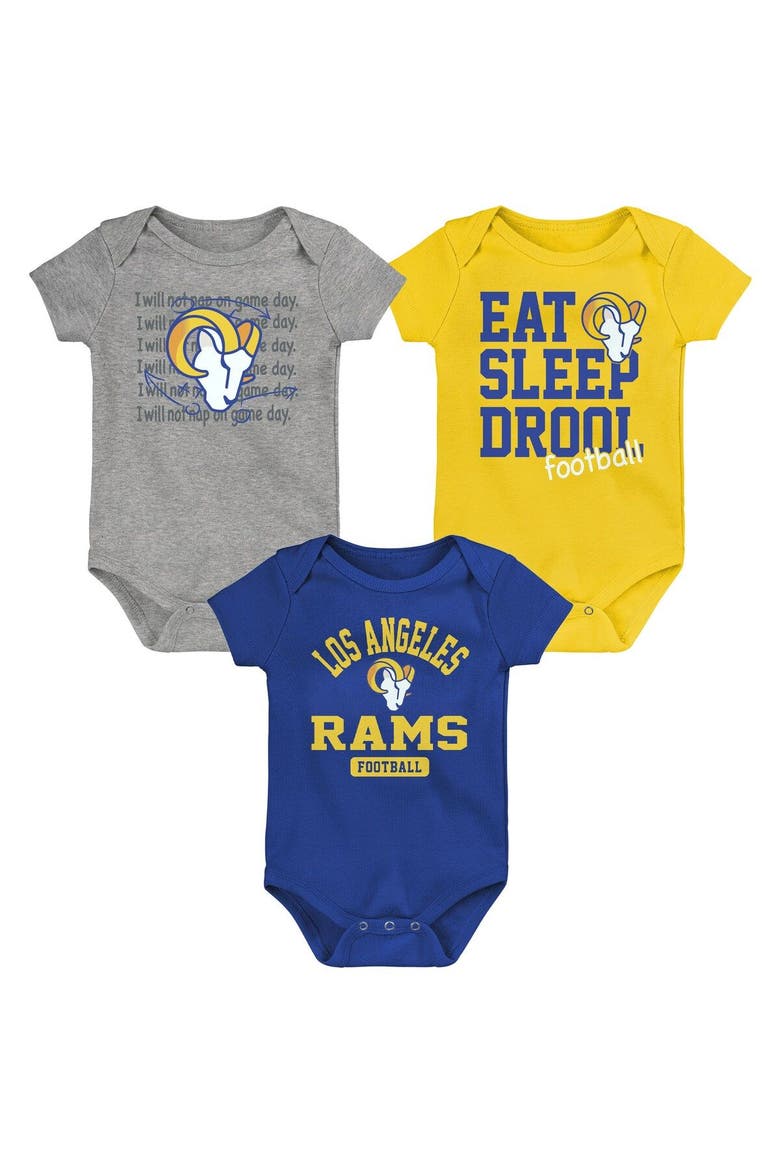 Newborn & Infant Royal/Gold/Heathered Gray Los Angeles Rams Three-Piece Eat Sleep Drool Bodysuit Set, Main, color, Royal