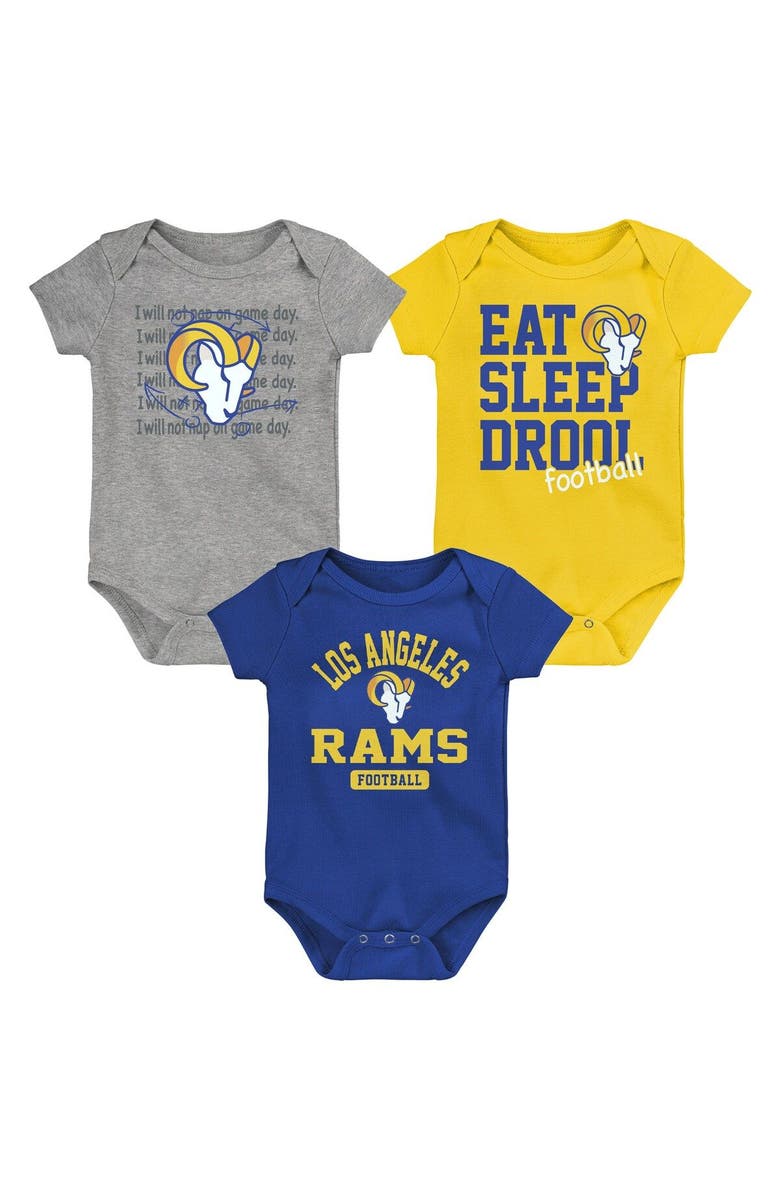 Outerstuff Newborn & Infant Royal/Gold/Heathered Gray Los Angeles Rams Three-Piece Eat Sleep Drool Bodysuit Set, Main, color, 