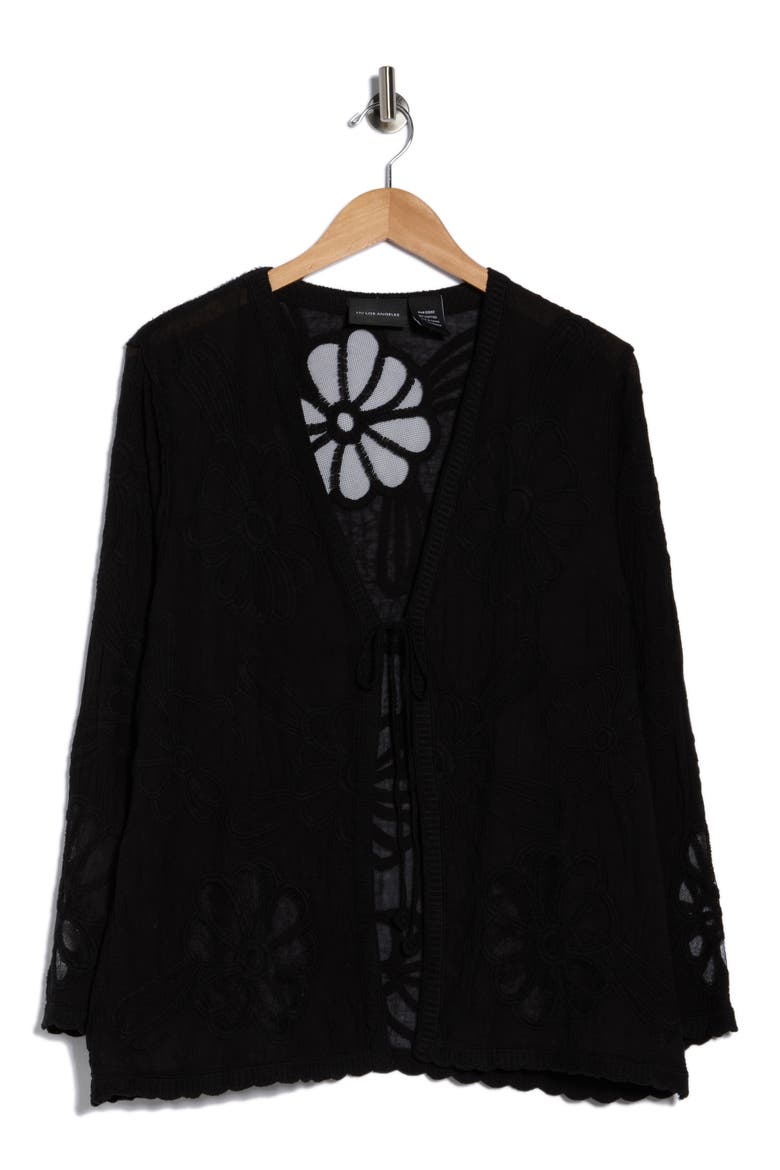 Floral Embroidered Tie Front Cardigan, Alternate, color, BLACK