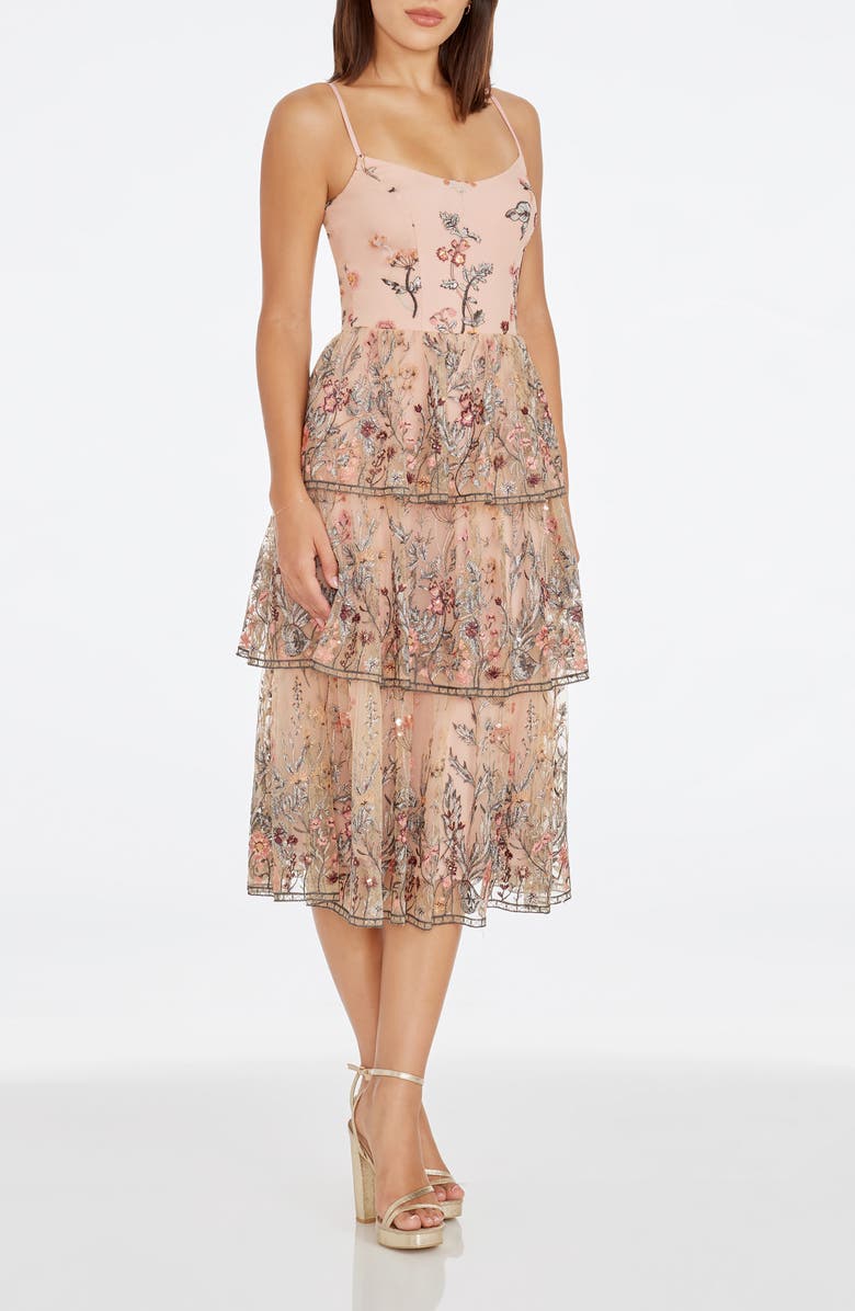 Dress the Population Loretta Floral Embroidery Midi Cocktail Dress, Alternate, color, Blush Multi