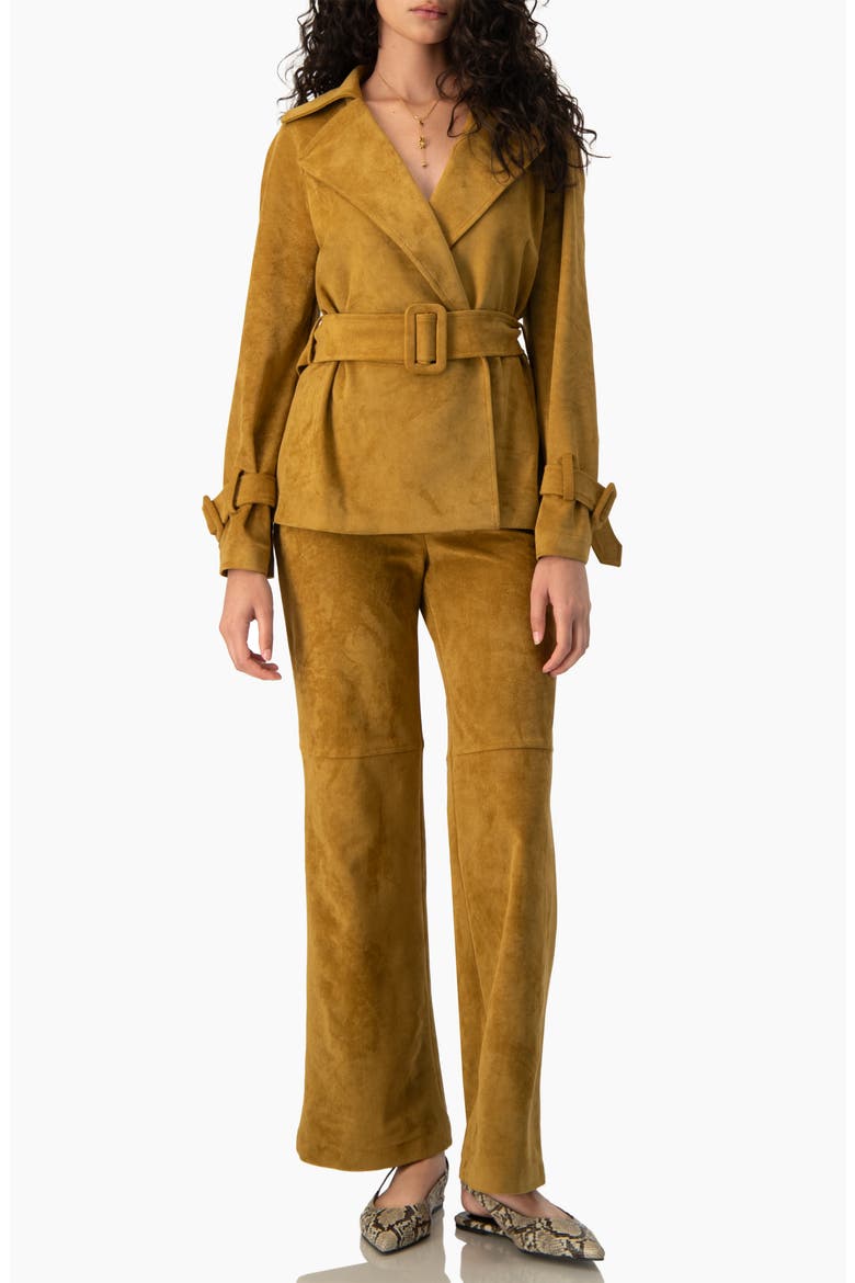 Faux-Suede Belted Wrap Jacket with Tie Cuffs, Alternate, color, Khaki