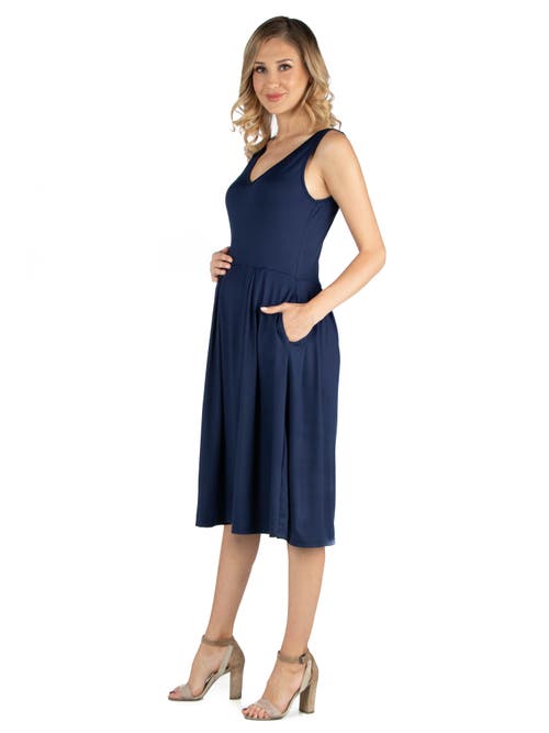 24seven Comfort Apparel Maternity Fit And Flare Sleeveless Midi Dress With Pockets In Blue