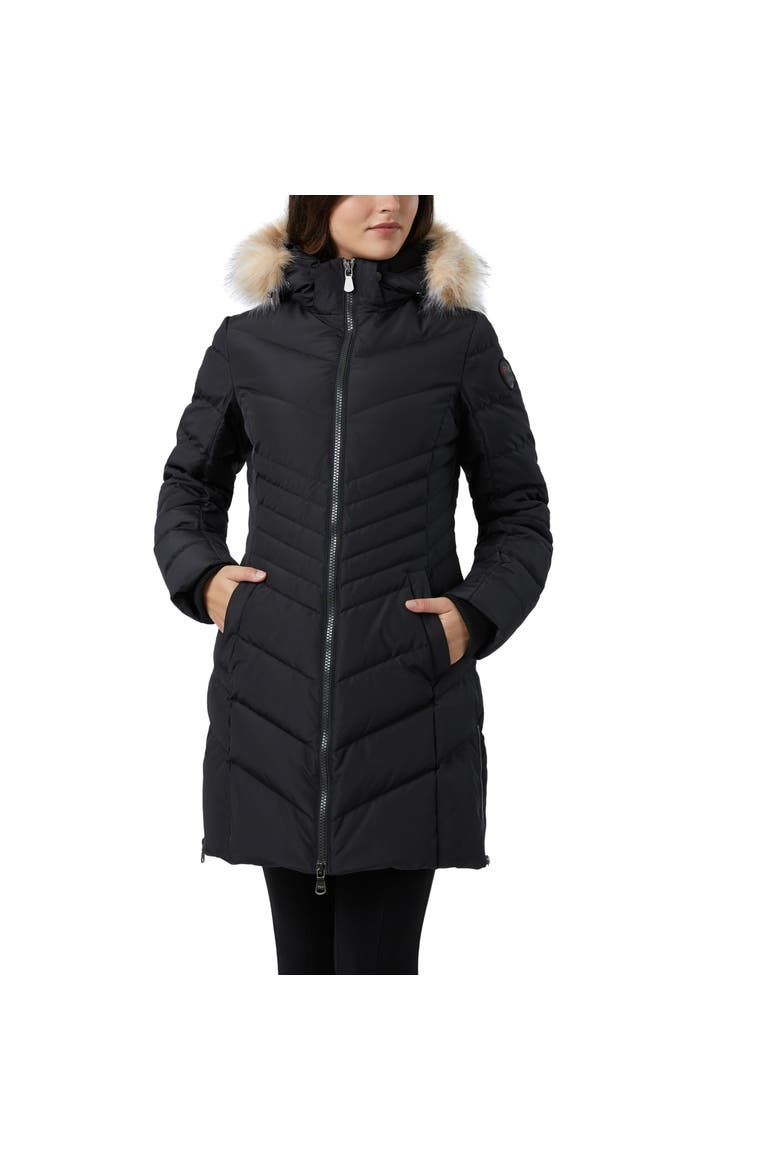 Queens Faux Fur Trim Chevron Quilt Mid Length Coat, Main, color, Black/Crystal