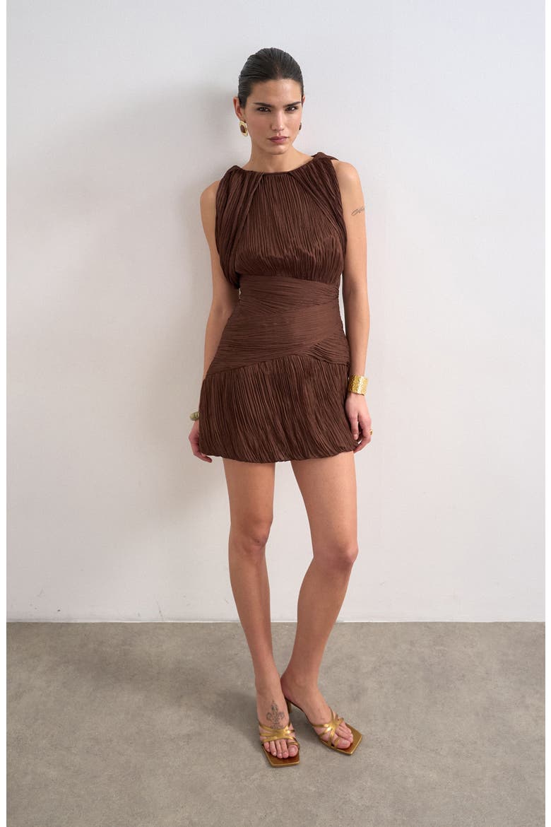 Drape Shoulders Pleated Minidress, Main, color, BROWN