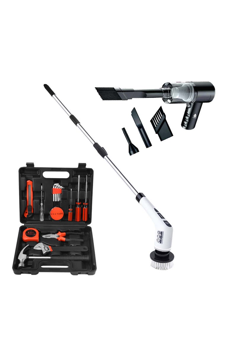 PURSONIC Handy Solutions 16-Piece Tool Kit + Cordless Power Scrubber + 2-in-1 Mini Wireless Vacuum & Air Duster Bundle, Main, color, Black