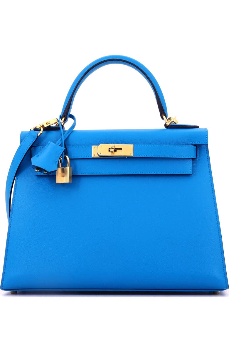 Pre-Owned Hermes Kelly Handbag Blue Madame with Gold Hardware 28, Main, color, Bleu Frida