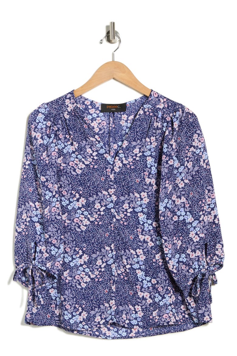 Floral Tie Cuff Top, Alternate, color, BLUE