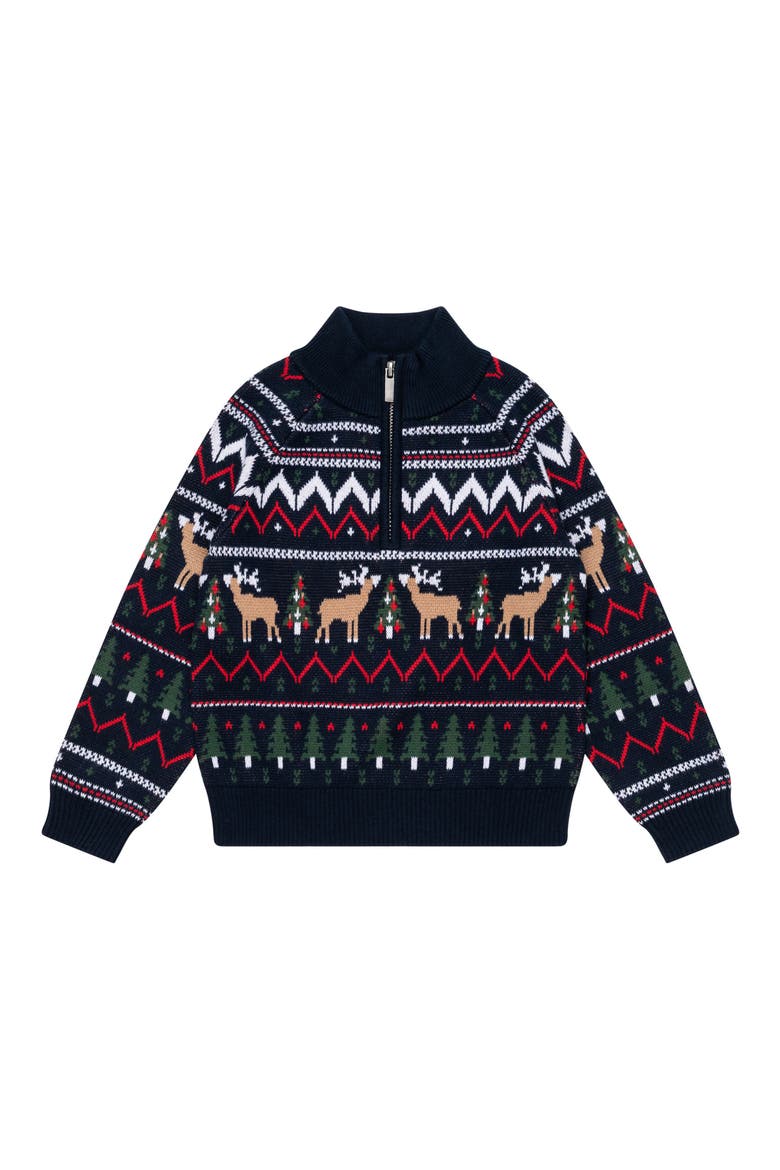 Kids' Fair Isle Holiday Half Zip Cotton Sweater, Main, color, NAVY