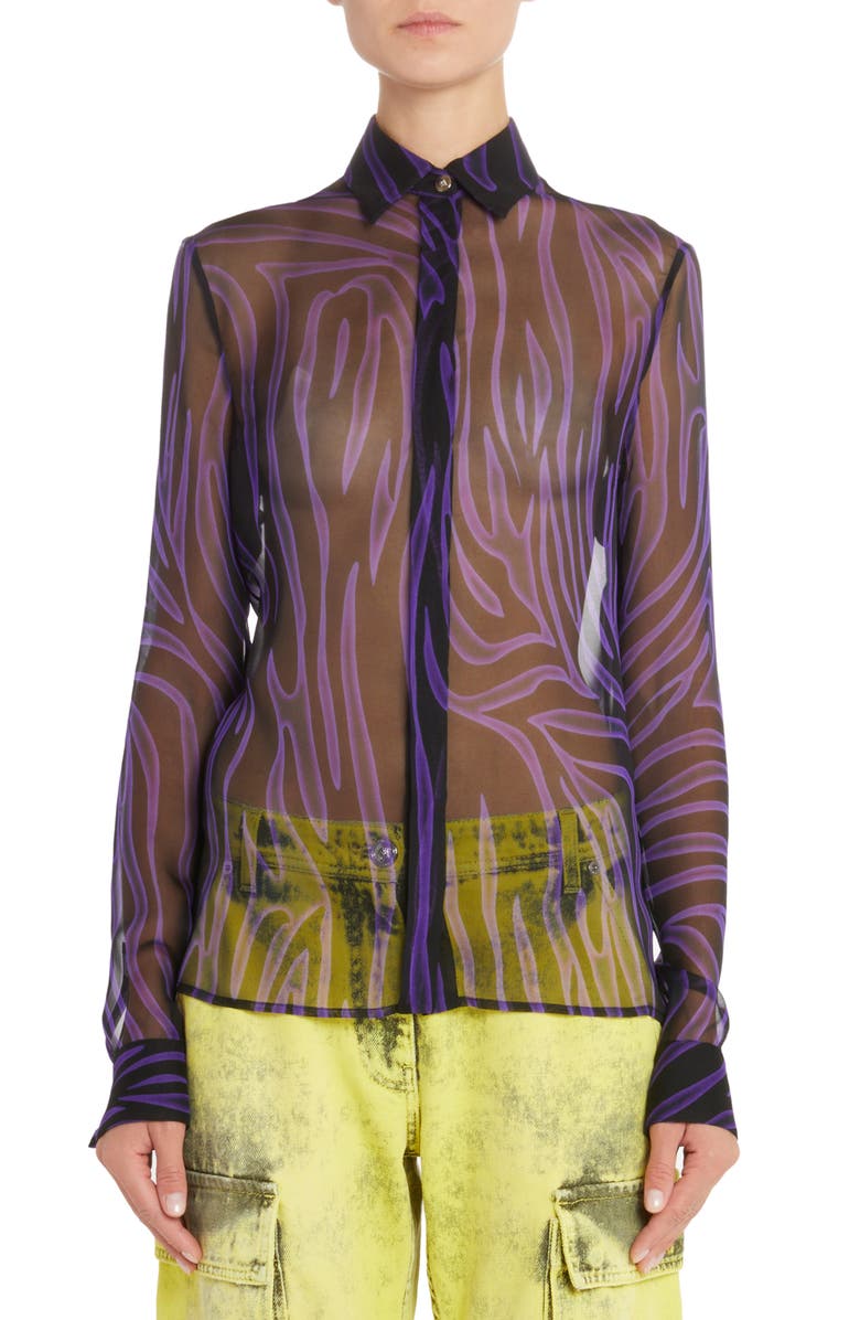 Versace Sheer Zebra Stripe Silk Chiffon Button-Up Shirt, Main, color,
