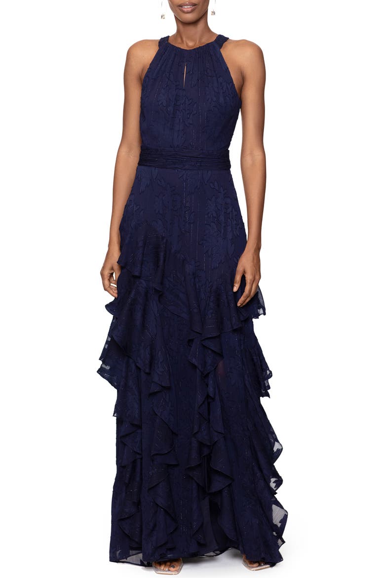 Ruffle Metallic Gown, Main, color, NAVY