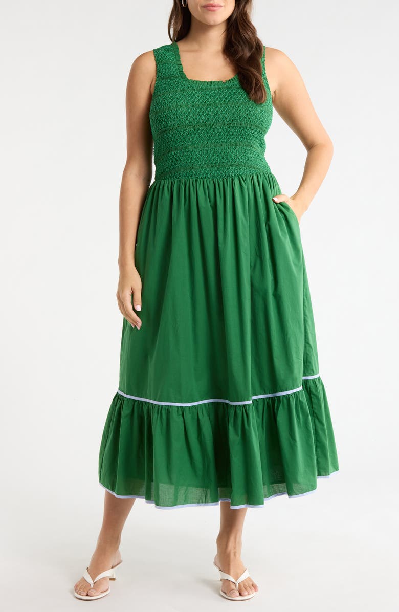 SUGARLIPS Jessy Smocked Sleeveless Midi Dress, Main, color, Emerald