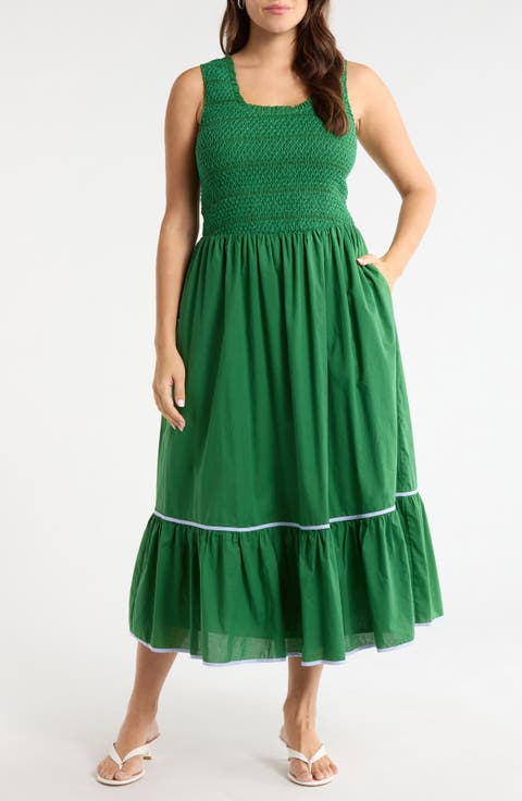 Jessy Smocked Sleeveless Midi Dress (Plus)