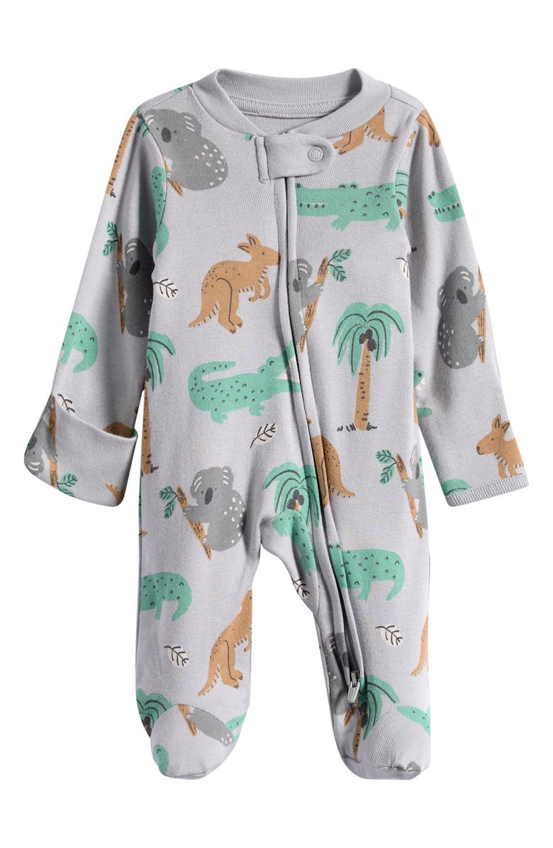 Little Planet Print Organic Cotton Zip Footie, Main, color, Safari