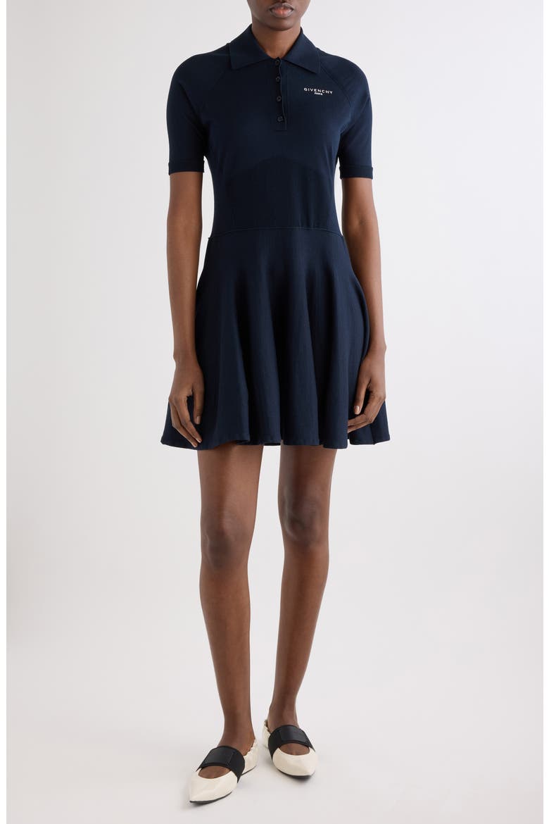Embroidered Logo Cotton & Silk Blend A-Line Polo Dress, Main, color, NAVY