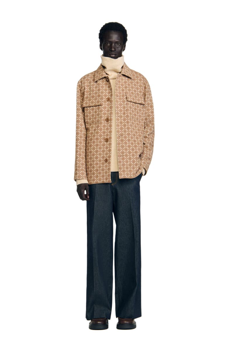 SANDRO Square Cross jacquard overshirt, Alternate, color, Camel
