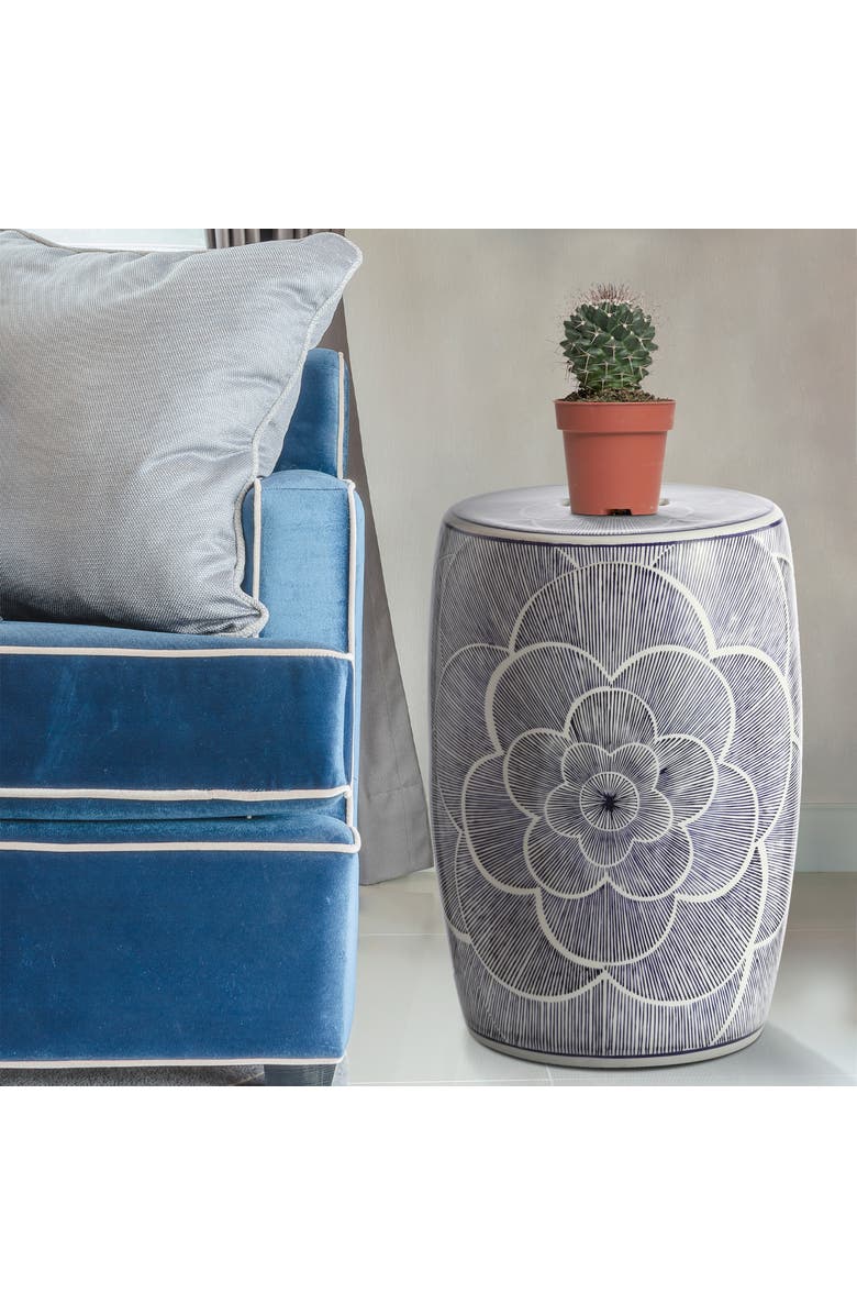 JONATHAN Y Camellia 17" Ceramic Drum Garden Stool, Alternate, color, Blue