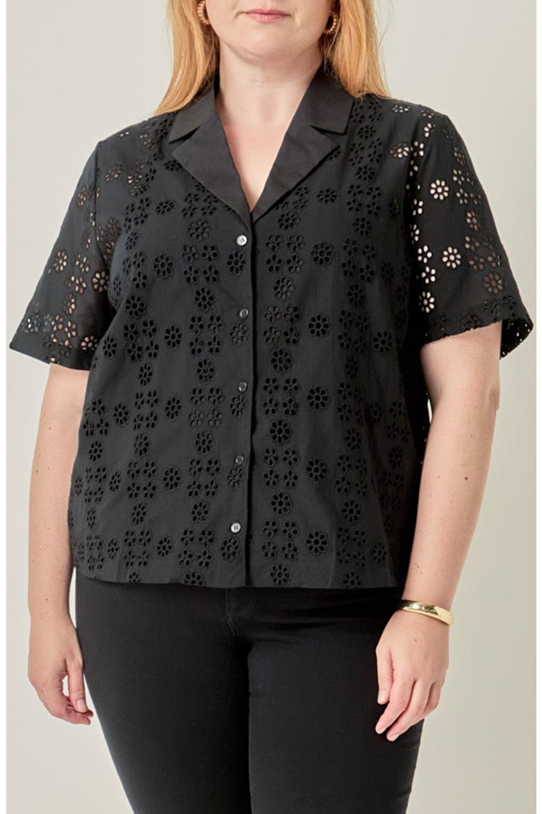Embroidered Eyelet Cotton Camp Shirt, Main, color, BLACK