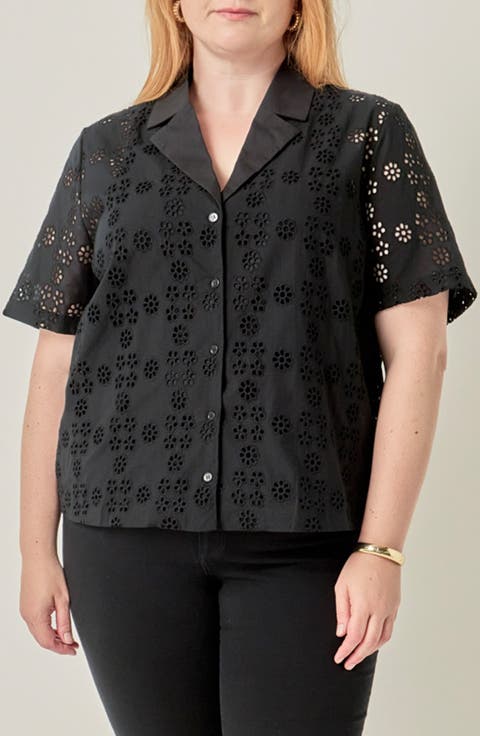 Embroidered Eyelet Cotton Camp Shirt
