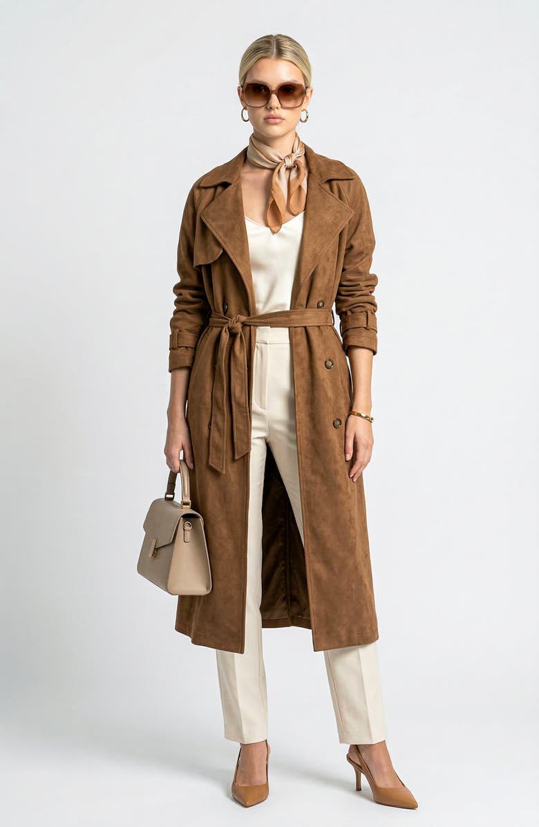 Knit & Lounge Long Sleeve Midi Trench Coat with Belted Waist and Double Breasted Front, Alternate, color, Brown