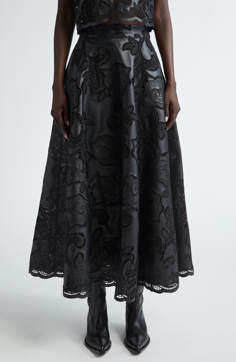 Johanna Ortiz Mesopotamia Embroidered Eyelet Faux Leather Midi Skirt, Main, color,