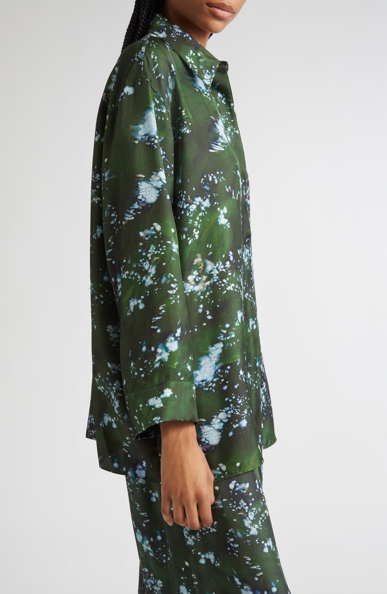 Lafayette 148 New York Boyfriend Oversize Splattered Glaze Print Silk Twill Button-Up Shirt, Alternate, color, Moss Multi