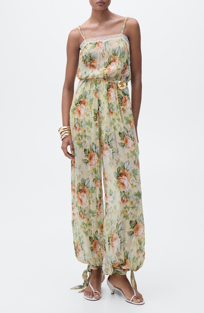 MANGO Floral Tie Leg Jumpsuit, Main, color, Ecru