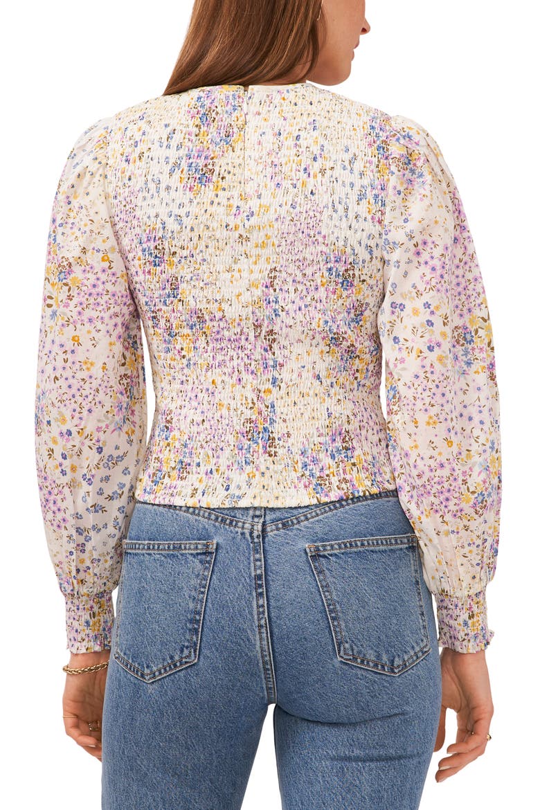 Floral Print Smocked Long Sleeve Cotton Top, Alternate, color, WHITE FLORAL