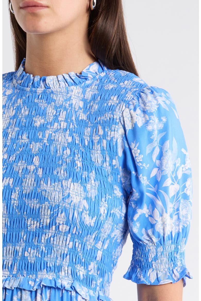 Odella Floral Analisa Smocked Midi Dress, Alternate, color, BLUE-WHITE