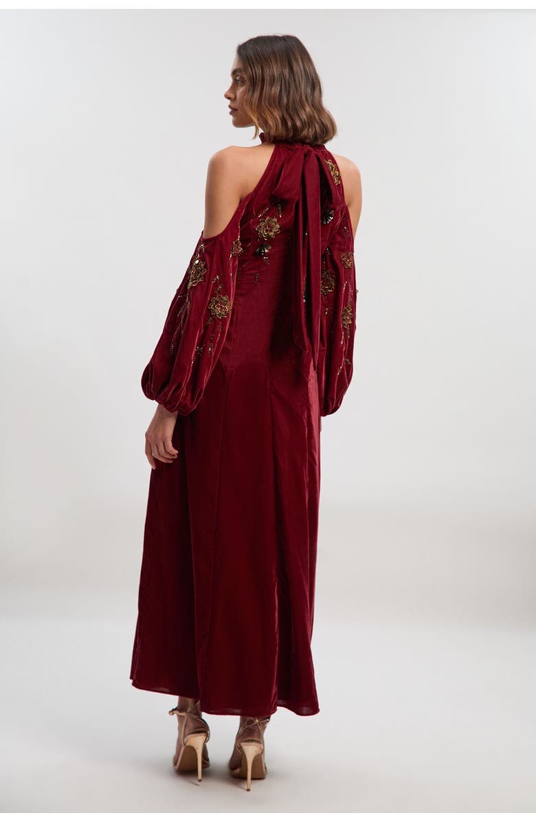 Karen Millen Velvet Embroidered High Neck Maxi Dress, Alternate, color, Rust