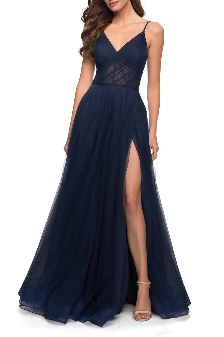 A Line Tulle Prom Dress with Sheer Bodice, Main, color, NAVY