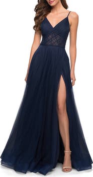 La Femme A Line Tulle Prom Dress with Sheer Bodice