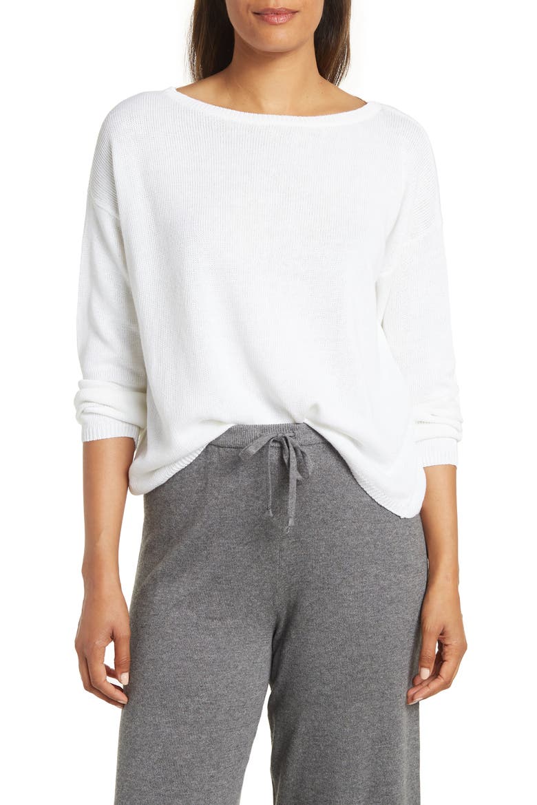 Bateau Neck Quarter Sleeve Organic Cotton Linen Blend Top, Main, color, WHITE