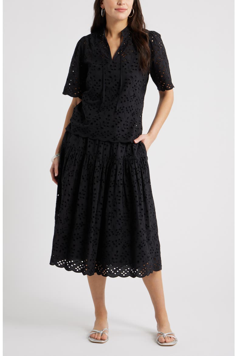 Eyelet Split Neck Cotton Top, Alternate, color, BLACK