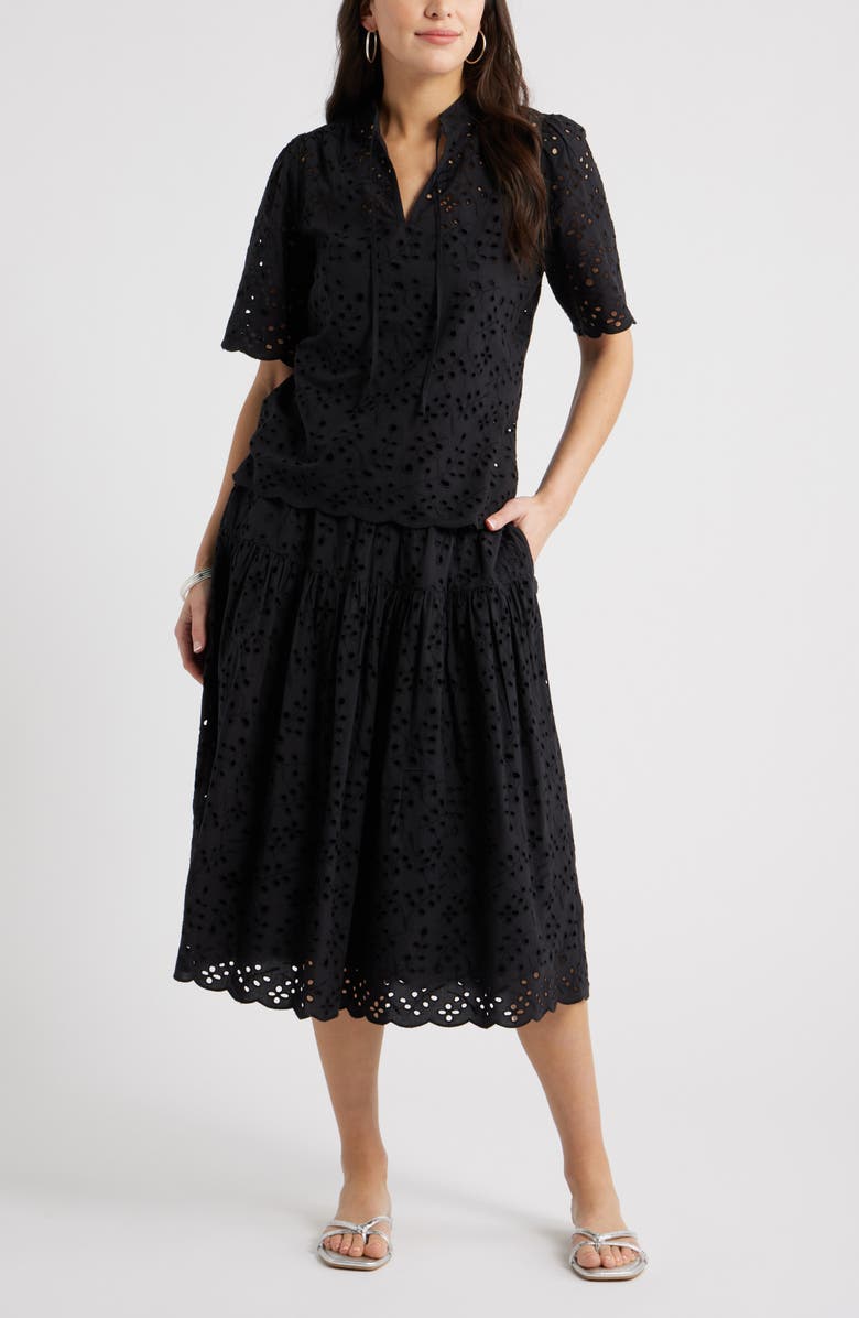 Caslon<sup>®</sup> Eyelet Split Neck Cotton Top, Alternate, color, Black