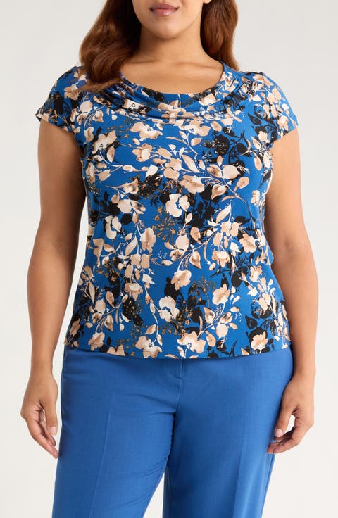 Floral Cowl Neck Cap Sleeve Top (Plus)