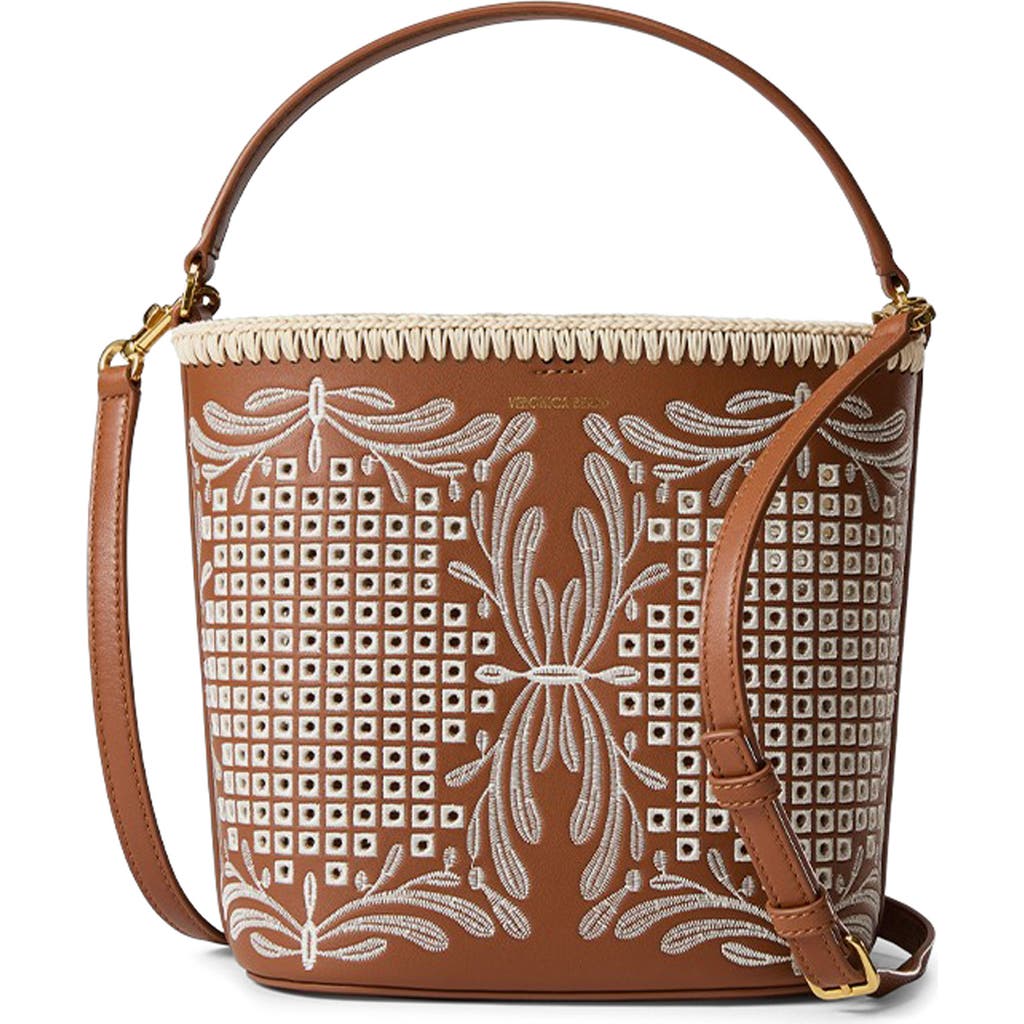 Veronica Beard Small Feed Embroidered Leather Top Handle Bag In Brown