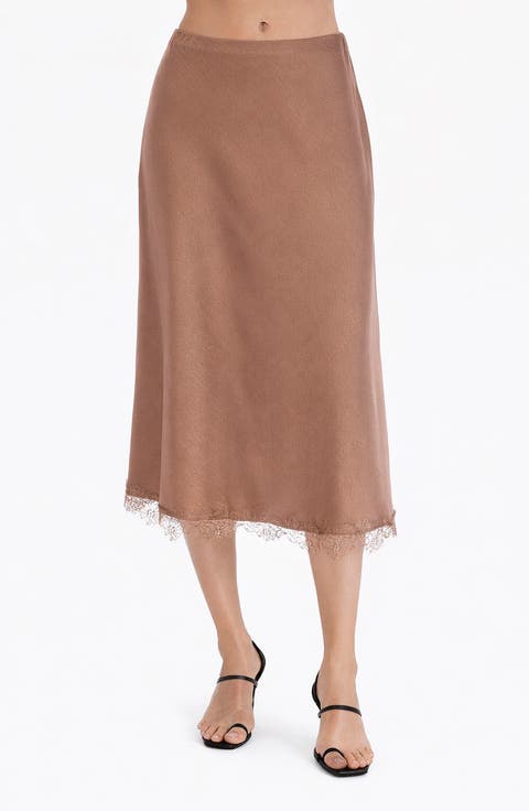 Lace Trim Satin Midi Skirt