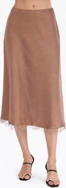 TASH AND SOPHIE Lace Trim Satin Midi Skirt