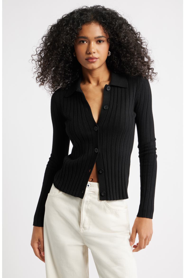 Collared Rib Cardigan, Main, color, BLACK