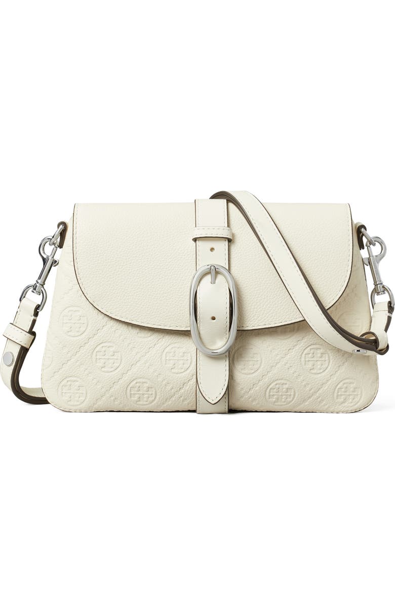 Tory Burch Small T Monogram Soft Pebble Leather Shoulder Bag, Main, color, Warm White