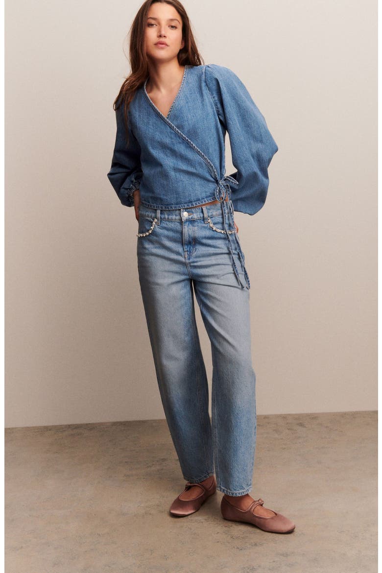 Denim Wrap Top, Alternate, color, MID BLUE DENIM