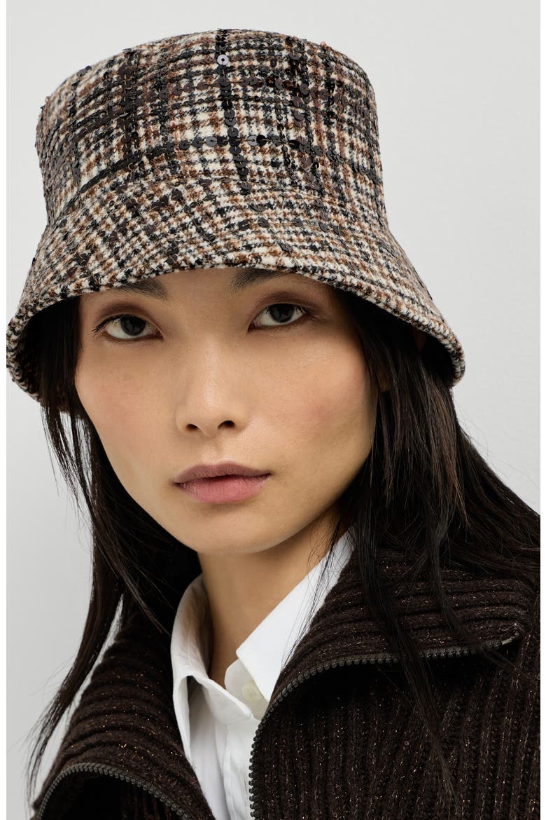 Water-resistant checked alpaca and wool bucket hat with dazzling degradé embroidery, Alternate, color, Brown