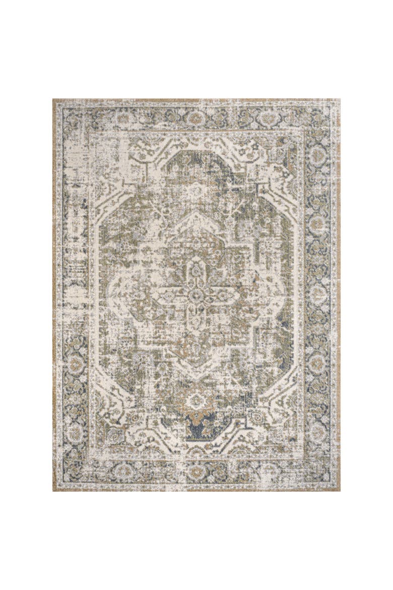 Keesha Bold Distressed Medallion Low-Pile Machine-Washable Area Rug, Alternate, color, Green/Cream
