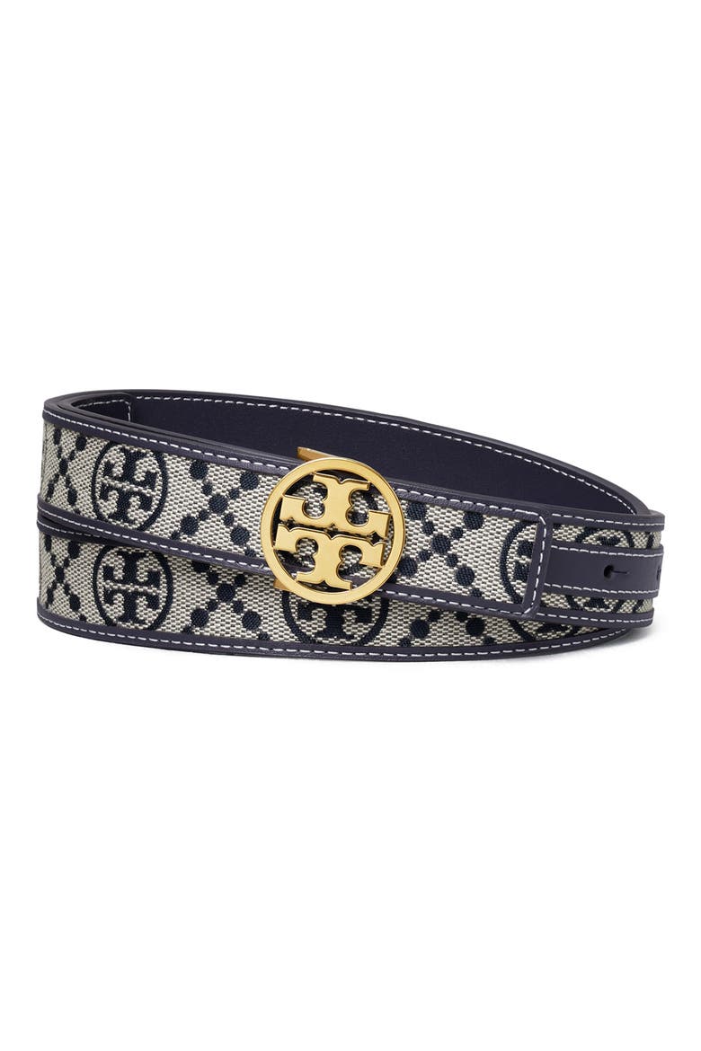 Miller T Monogram Jacquard & Leather Belt, Main, color, TORY NAVY
