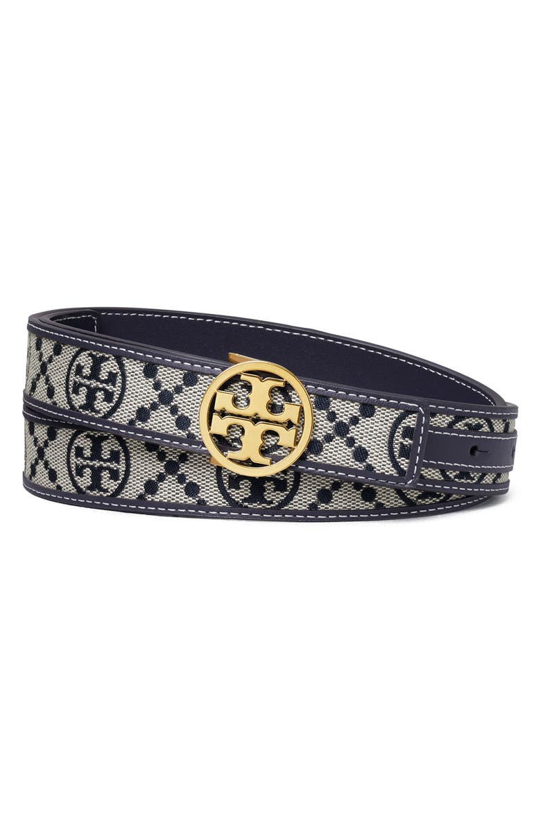 Tory Burch Miller T Monogram Jacquard & Leather Belt, Main, color, Tory Navy