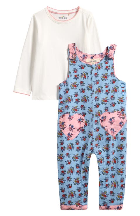 Long Sleeve T-Shirt & Floral Print Cotton Overalls Set