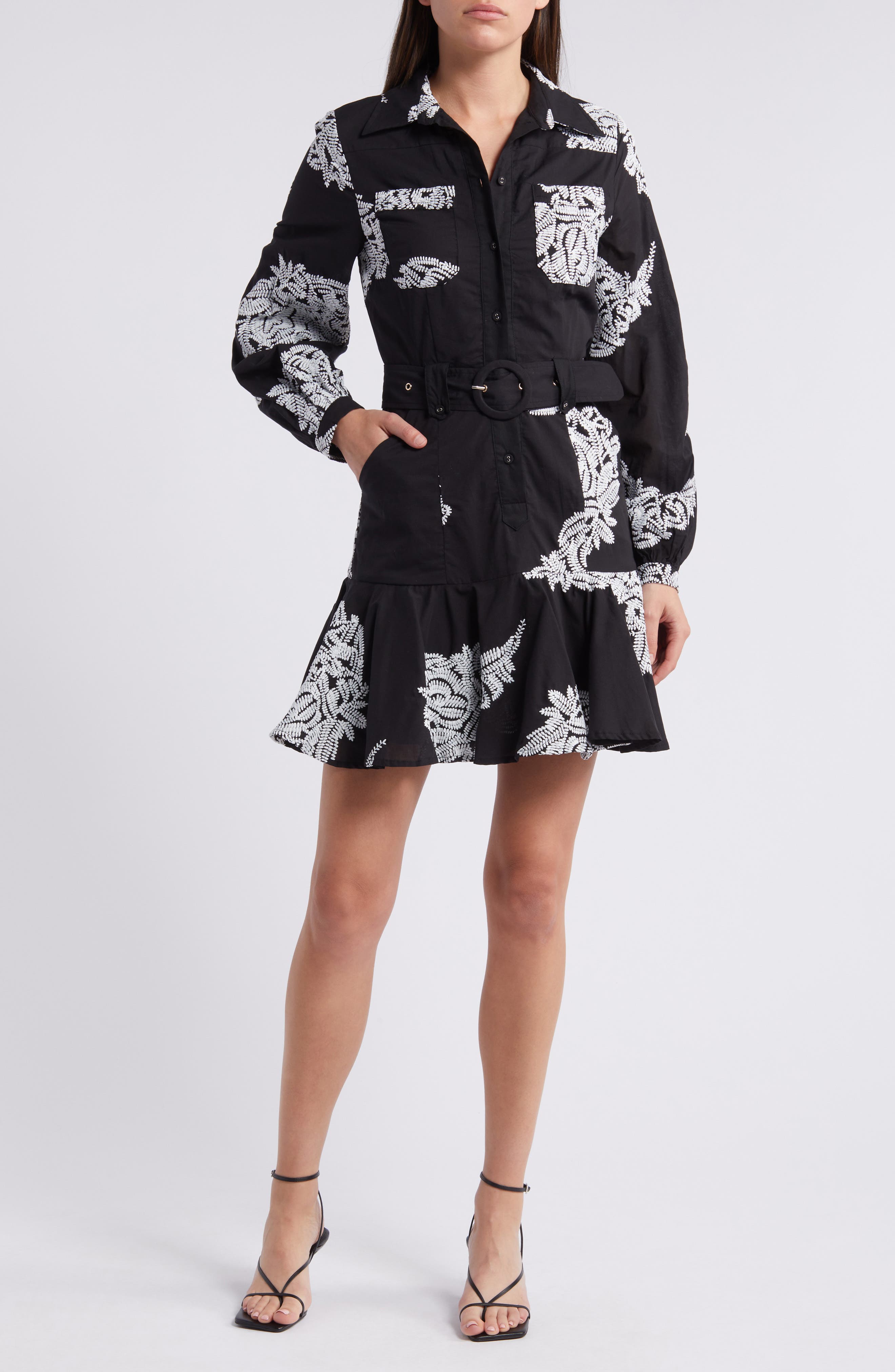 CIEBON Ina Embroidered Long Sleeve Cotton Shirtdress