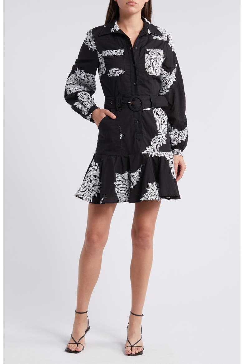 Ina Embroidered Long Sleeve Cotton Shirtdress, Main, color, BLACK WHITE