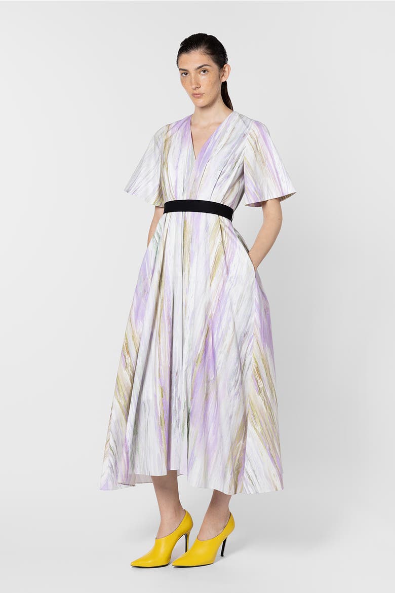 Sana Printed V-Neck Midi Dress, Main, color, Brush Chalk / Wisteria